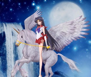  Sailor Mars riding gracefully on her Beautiful Winged Unicorn coursier, steed