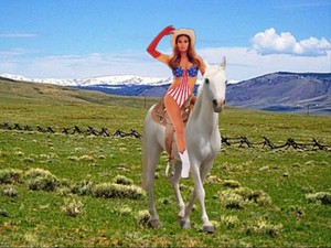Myra Breckinridge riding her beautiful white horse