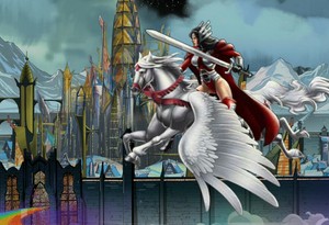  Sif flying through Asgard on Aragorn as her new Beautiful Pegasus coursier, steed