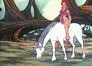  Teela rides an unicorn