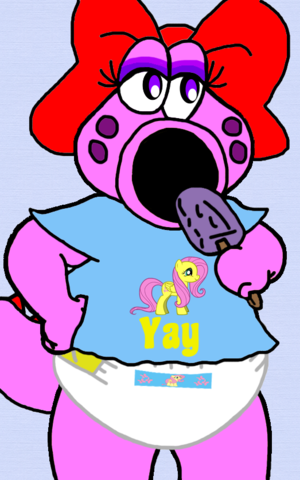 Birdo eating a popsicle and wearing a t shirt and diapers