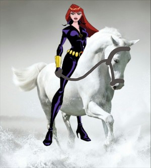  Black Widow riding her Beautiful White घोड़ा
