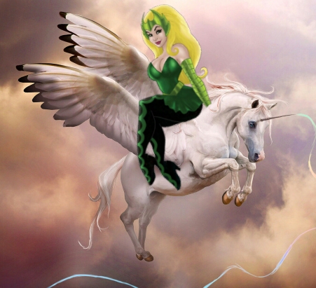 Enchantress rides on her Beautiful Winged Unicorn Steed