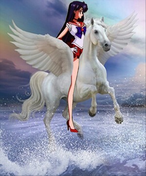  Sailor Mars rides on her Beautiful White Pegasus Stallion