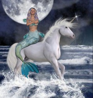Sweet Cute Mermaid riding an Beautiful White Unicorn