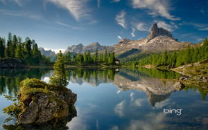  Becco di Mezzodi mountain reflected in Lake Federa in the Dolomite mountains of Italy