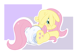 Fluttershy in diapers hiding her face behind her wing and showing it