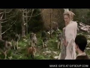 Jadis Ponts her Wand at the Fox , as Edmund looks on with her 