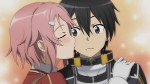 Lisbeth 接吻 Kirito on his cheek