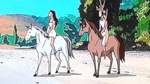  Princess Diana and Hippolyta riding their cavalos