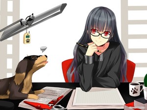 paper indoors scissors dogs glasses long hair lamps red eyes smiling meganekko pen anime girls black