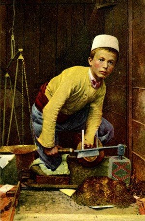 Painting of an 12 year old Albanian boy working  in traditional cloths