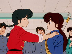  Ranma greeting Ukyo (the friend "he thinks a boy" from childhood)