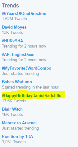  Worldwide Twitter Trend on Daniel Radcliffe's Birthday (Fb.com/DanielJacobRadcliffeFanClub)