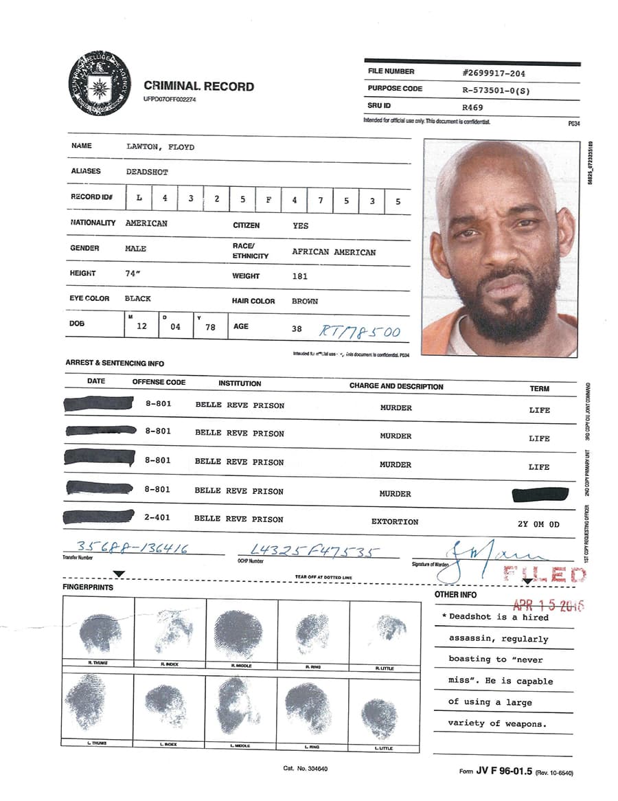 A.R.G.U.S. Files - Deadshot's Criminal Record - Suicide Squad Photo