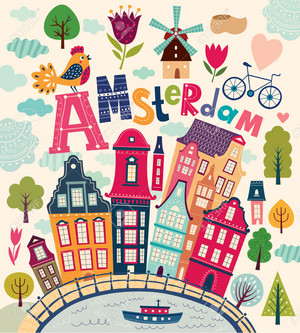 Bright Stylish Vector Illustration with Amsterdam Symbols.