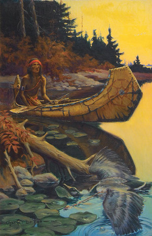  Native american, pato hunting in kanue sa pamamagitan ng Charles DeFeo (Delaware, 1892-1978)