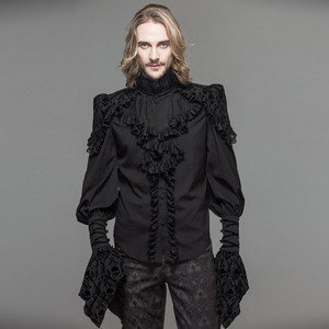  Devil Fashion Stand halsband, kragen Steampunk Long Sleeves Black bluse Gothic Mens Shirts