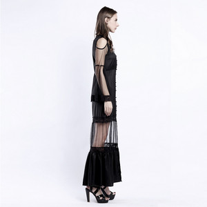 Fashion Net Sleeves Lace Strapless Horn Sleeve Long Black Dress6
