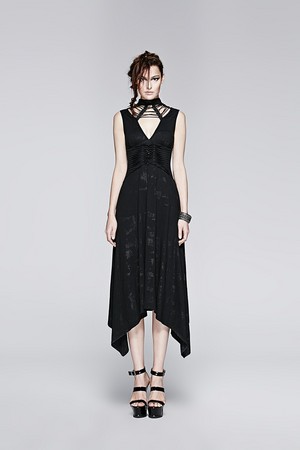  Gothic Black Sleeveless Summer Sexy Deep V Neck Asymmetrical Dress 03