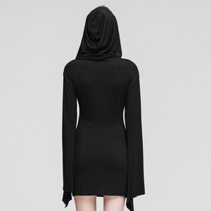  Gothic Black Splicing Long Sleeved Hooded Women Dress 05