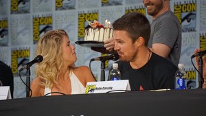 Stephen Amell and Emily Bett Rickards at SDCC 2017 Arrow panel. 