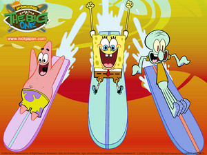  Spongebob, Patrick and Squidward surfing wolpeyper