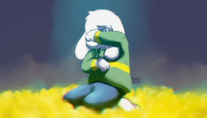  Asriel Dreemurr Crying while Sitting in a cama of Golden flores
