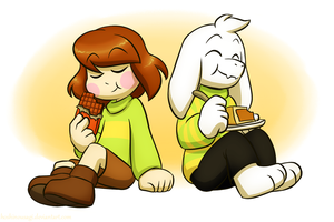  Chara eating a Schokolade Bar and Asriel eating a slice of Butterscotch-Cinnamon Pie