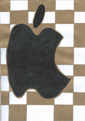 My drawing of the Apple logo in black with a gold and white checkered background