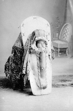  Native American baby (Ute) tightly secured in its cradleboard 由 Kohlberg 1870-1900