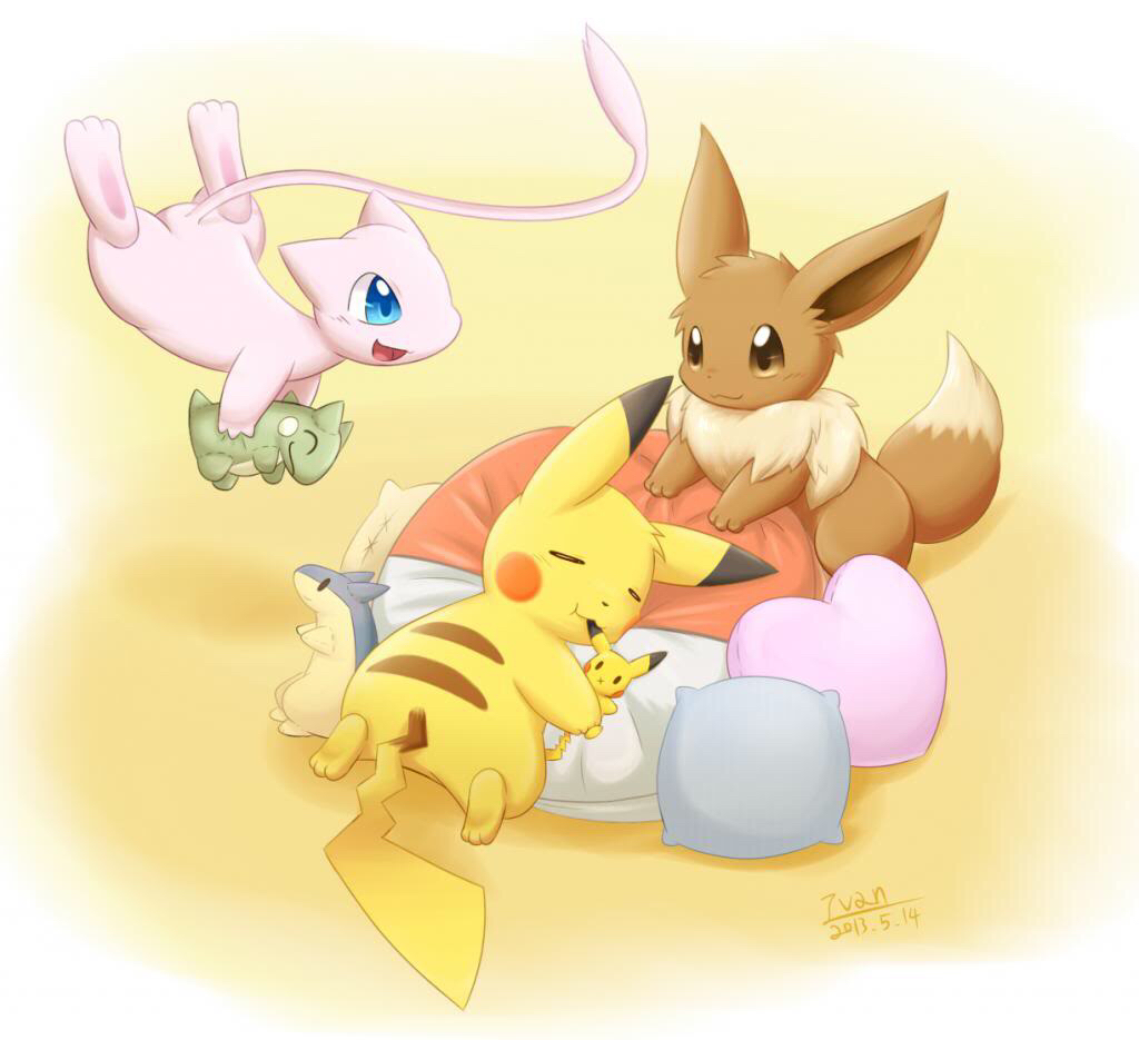 Mew, Eevee, and Pikachu in a Play Room