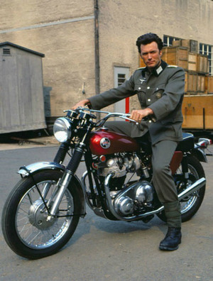 Clint Eastwood on his Triumph motorcycle on the set of Where Eagles Dare 1968
