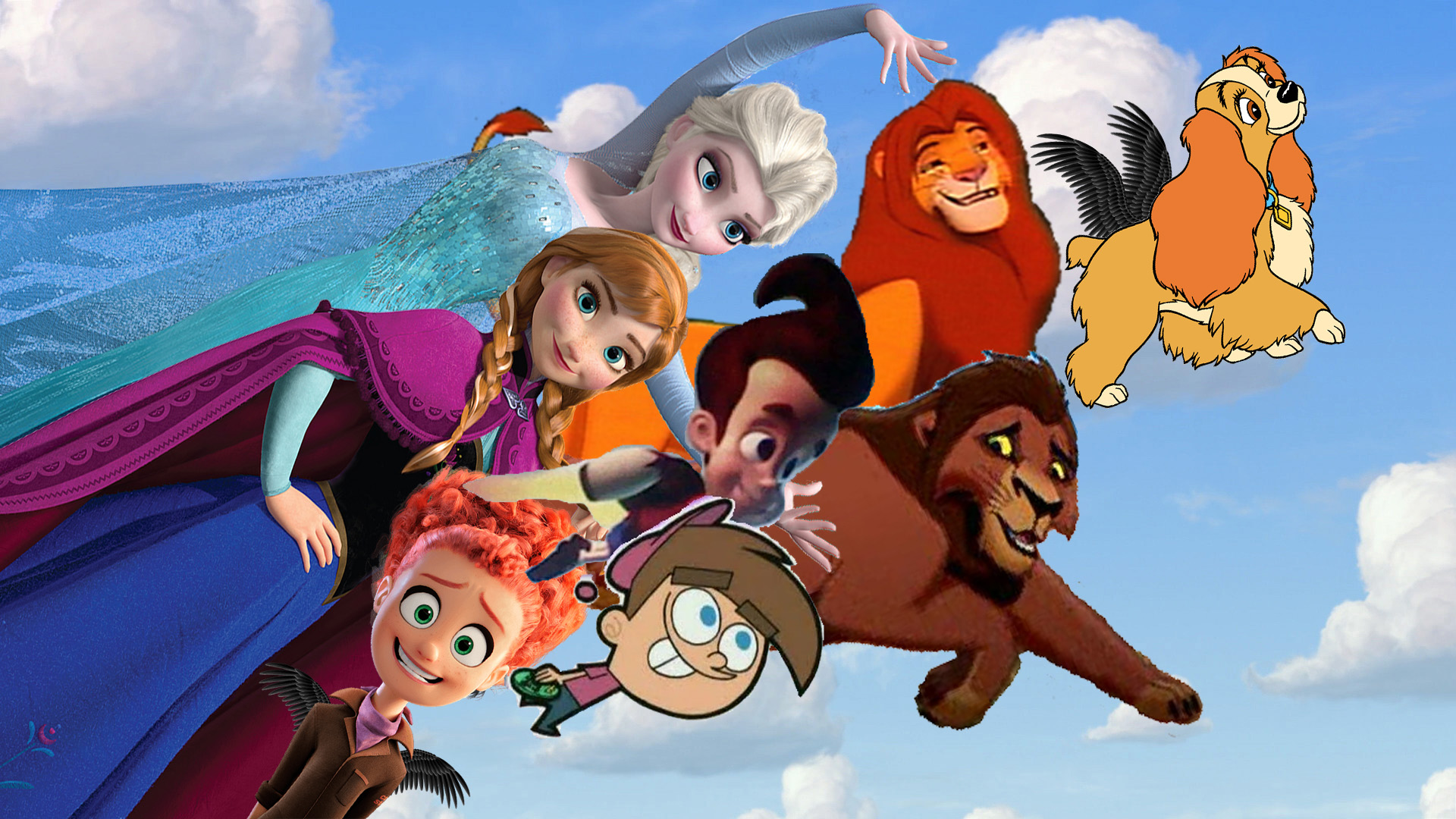 Simba, Kovu, Anna, Elsa, Timmy, Jimmy, Lady & Tulip Flying