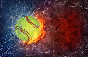  baseball ball fuoco water lightening around abstract polygonal background horizontal layout text spac