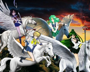  Sailor Pluto, Sailor Neptune, Sailor Uranus, Sailor Saturn riding on their Beautiful Pegasus Steeds