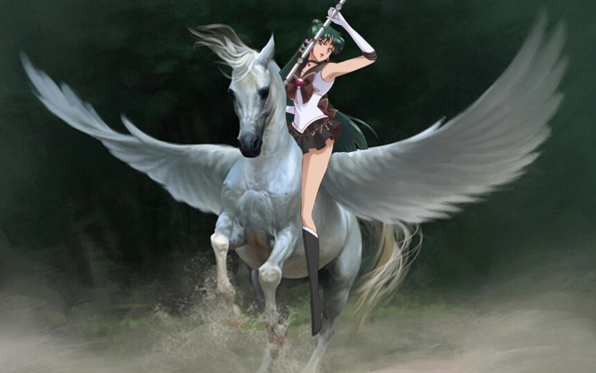 Sailor Pluto rides on her Beautiful White Pegasus