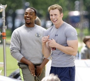  Chris Evans and Anthony Mackie on the set of Captain America: The Winter Soldier