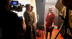 Hayley Atwell, Chris Evans and Sebastian Stan on set of Captain America: The First Avenger 