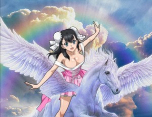 Xuelan rides on her Beautiful White Pegasus Steed
