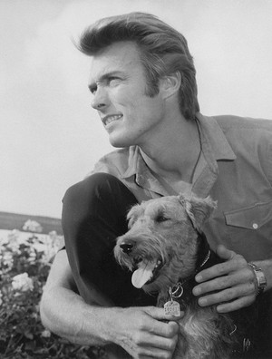 Clint Eastwood photographed with his beloved Airedale Terrier (1960)