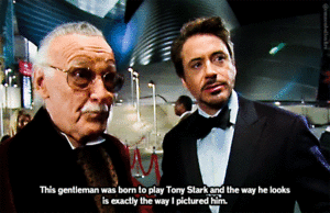 Stan Lee and Robert Downey Jr. behind the scenes of Iron Man (2008)