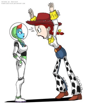 Instead of it being woody and buzz, it's Jessie screaming "you are a toy!" at Mira nova