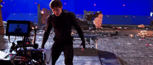 Tom Holland wearing the Stealth Suit behind the scenes of Spider-Man: Far From Home 