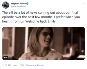 Stephen Amell announces best friend Emily Bett Rickards 'Arrow' return!