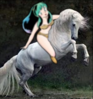 Lum Invader riding her Beautiful White Horse