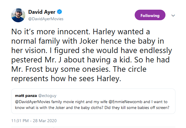 David Ayer on Joker's baby clothes in Suicide Squad