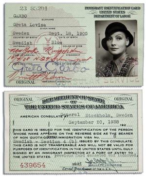  Greta Garbo 1938 Immigrant ID Card