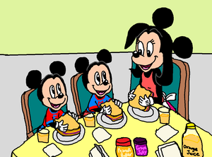  Felicity Fieldmouse and hers two twin sons Morty and Ferdie are Eating PBj emparedado, sándwich de Together.