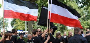  Die NPD Mitglieder marschieren unter dem Flagge der Weimarers Republik